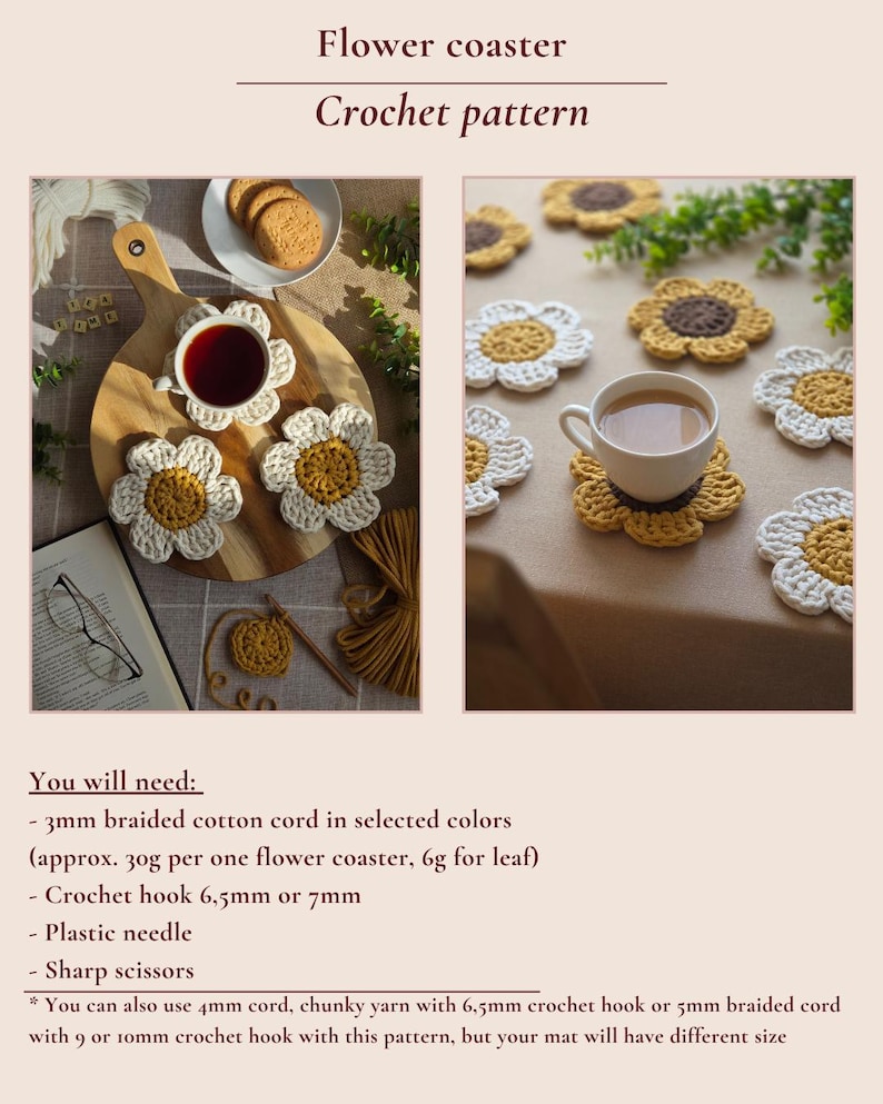 May include: Crochet pattern for flower coasters. The image shows several finished coasters in a daisy design, with white petals and a yellow center. The text on the image says "Flower coaster Crochet pattern".