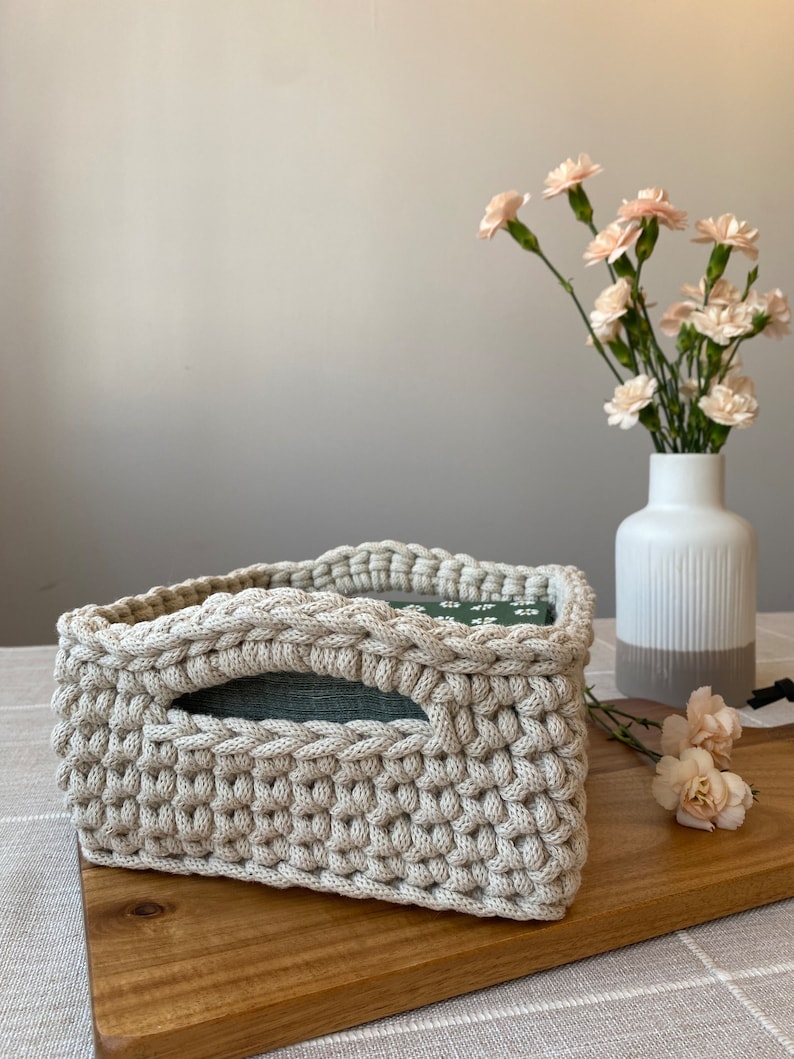 CROCHET PATTERN: Square Napkin Basket Rectangular basket with handles Napkin holder Adjustable Size Instant Download PDF Video zdjęcie 6