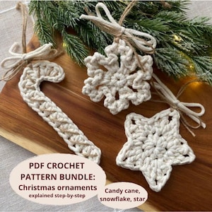 PATRÓN DE GANCHILLO: Adornos navideños / 3 en 1 / Copo de nieve / Bastón de caramelo / Estrella / Descarga instantánea en PDF / Vídeo / Apto para principiantes /