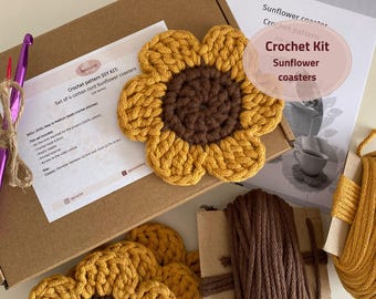 Sunflower Coaster Crochet Kit: Beginner DIY Craft, Set of 4 or 6