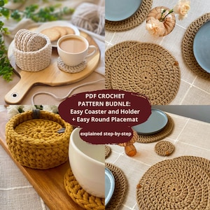 HÄKELMUSTER-PAKETE: Easy Untersetzer und Halter + Easy klassisches Tischset | 2in1 | Runde Untersetzer, Tischsets | pdf + Video | Größenverstellbar