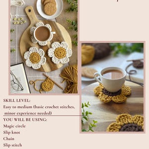 May include: Crochet flower coasters in cream and mustard yellow, with a cup of tea on one. The image includes the text "Flower coaster Crochet pattern" and instructions for crochet stitches.