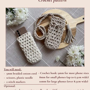 May include: A crochet pattern for a phone bag or phone case. The image shows two beige crochet phone cases, one with a strap and tassel. The text reads "Phone bag / Phone case Crochet pattern".