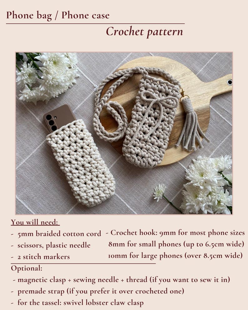 May include: A crochet pattern for a phone bag or phone case. The image shows two beige crochet phone cases, one with a strap and tassel. The text reads "Phone bag / Phone case Crochet pattern".
