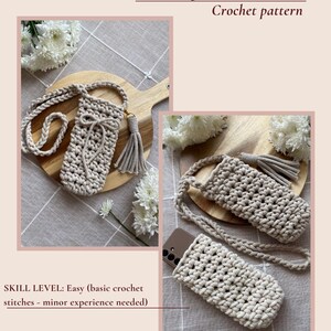 May include: A beige crochet phone case with a long strap and tassel, presented on a wooden board. The image also shows a close-up of the case and the text "Phone bag / Phone case Crochet pattern". The skill level is easy.
