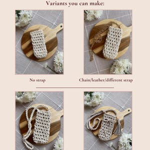 May include: A crochet pattern for a phone bag or phone case. The image displays four variations: no strap, a chain strap, a crocheted strap, and a version with a tassel or bow. The text reads "Phone bag / Phone case Crochet pattern" and "Variants you can make:"