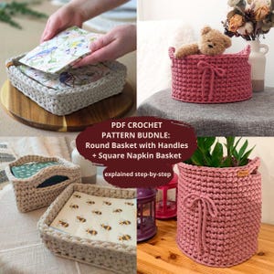 CROCHET PATTERN BUNDLE: Square Napkin Basket + Basket with handles | 2 in 1 | Rectangular and Round | Instant Download pdf | Video |