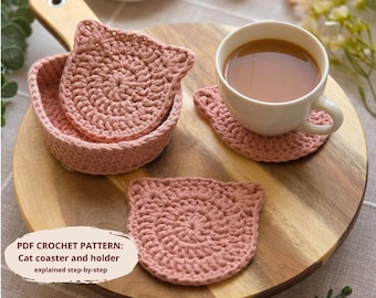 PATRÓN DE GANCHILLO: Posavasos y soporte para gatos / Descarga instantánea en PDF / Vídeo / 2 en 1 / Apto para principiantes / Rápido y fácil / Regalo para amantes de los gatos