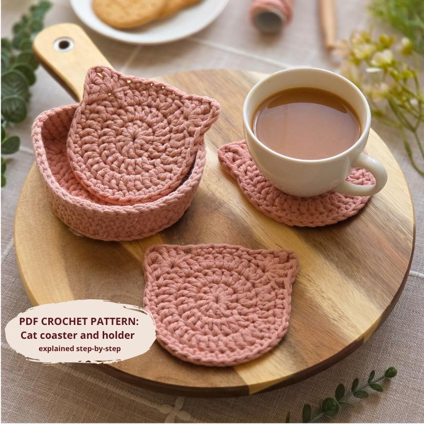 37 Cat Coaster Crochet Patterns for Cat Lovers, Gifts, and Cozy Home Decor 16 Crochet Pattern: Cat Coaster and Holder Video 2 in 1