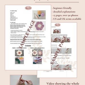 May include: Detailed step-by-step crochet tutorial with beginner-friendly explanations. Includes 15 pages with over 90 photos. Features flower and leaf patterns. US and UK terms are available. Video showing the whole process is available.