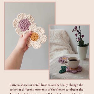 May include: Crochet pattern for flower coasters. The image shows two flower coasters with white petals and purple and yellow centers. The text reads "Flower coaster Crochet pattern". The pattern shows how to change the colors of the flower.