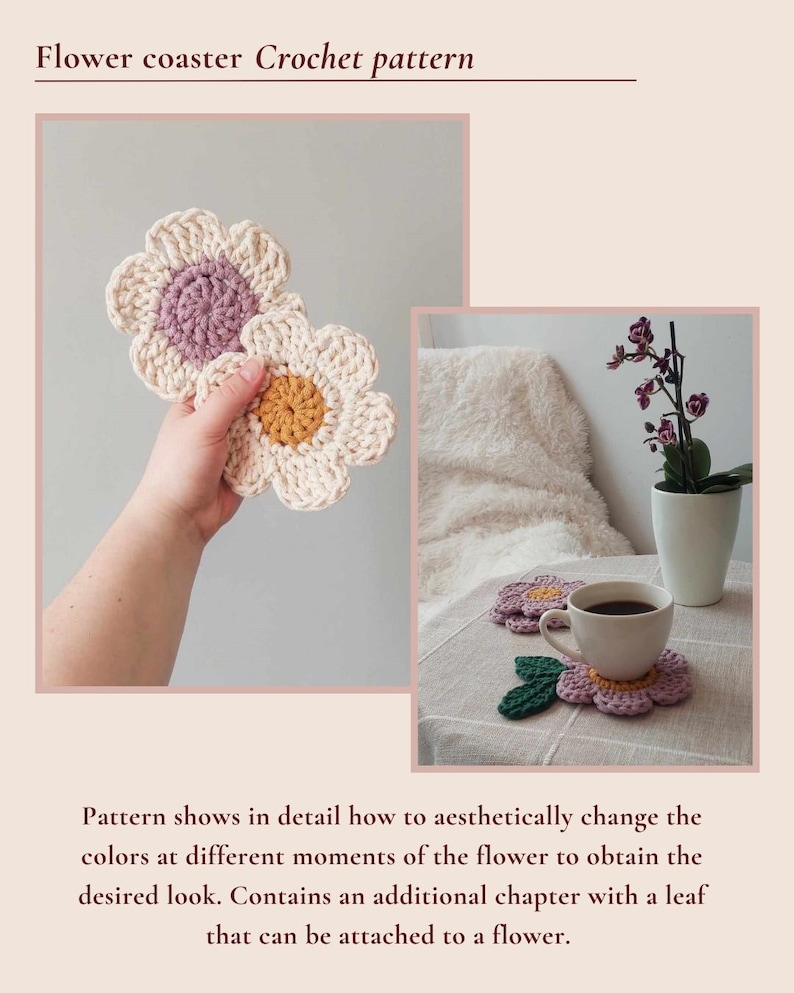 May include: Crochet pattern for flower coasters. The image shows two flower coasters with white petals and purple and yellow centers. The text reads "Flower coaster Crochet pattern". The pattern shows how to change the colors of the flower.