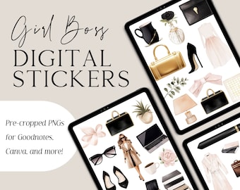 Op de afbeelding: Een set digitale stickers met illustraties van een vrouw in een trenchcoat, een laptop, een kopje koffie, een lamp, een aktetas, een paar hoge hakken, een boeket bloemen en andere kantoorgerelateerde items. De stickers zijn voorgeknipte PNG's voor gebruik in Goodnotes, Canva en andere apps.
