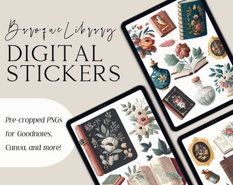 May include: Digital stickers featuring a vintage library theme with illustrations of books, flowers, and antique bottles. The stickers are pre-cropped PNGs for use in Goodnotes, Canva, and other digital planning apps.