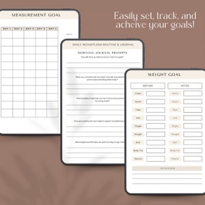 May include: Digital weight loss journal with a measurement goal chart, daily routine prompts, and a weight goal tracker. The journal's text reads "Easily set, track, and achieve your goals!" in a stylish font. The journal is designed to help track progress.