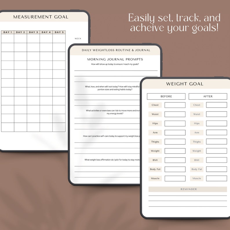 May include: Digital weight loss journal with a measurement goal chart, daily routine prompts, and a weight goal tracker. The journal's text reads "Easily set, track, and achieve your goals!" in a stylish font. The journal is designed to help track progress.