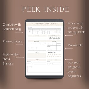 May include: A digital tablet displays a daily weight loss routine and journal. The journal includes sections for tracking sleep, energy levels, workouts, meals, water intake, and progress. The text "PEEK INSIDE" is at the top.