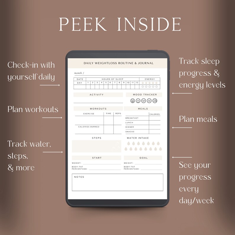 May include: A digital tablet displays a daily weight loss routine and journal. The journal includes sections for tracking sleep, energy levels, workouts, meals, water intake, and progress. The text "PEEK INSIDE" is at the top.
