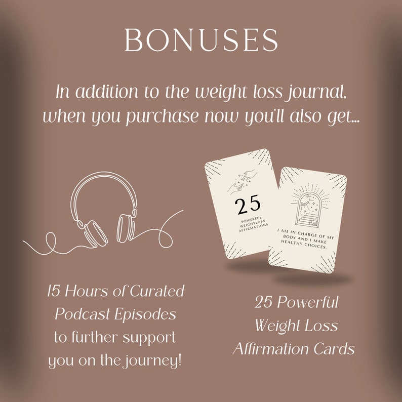 May include: Image features the word "BONUSES" at the top, with text below describing additional items included with a weight loss journal. Includes a line drawing of headphones, and two affirmation cards. Text includes "15 Hours of Curated Podcast Episodes" and "25 Powerful Weight Loss Affirmation Cards."