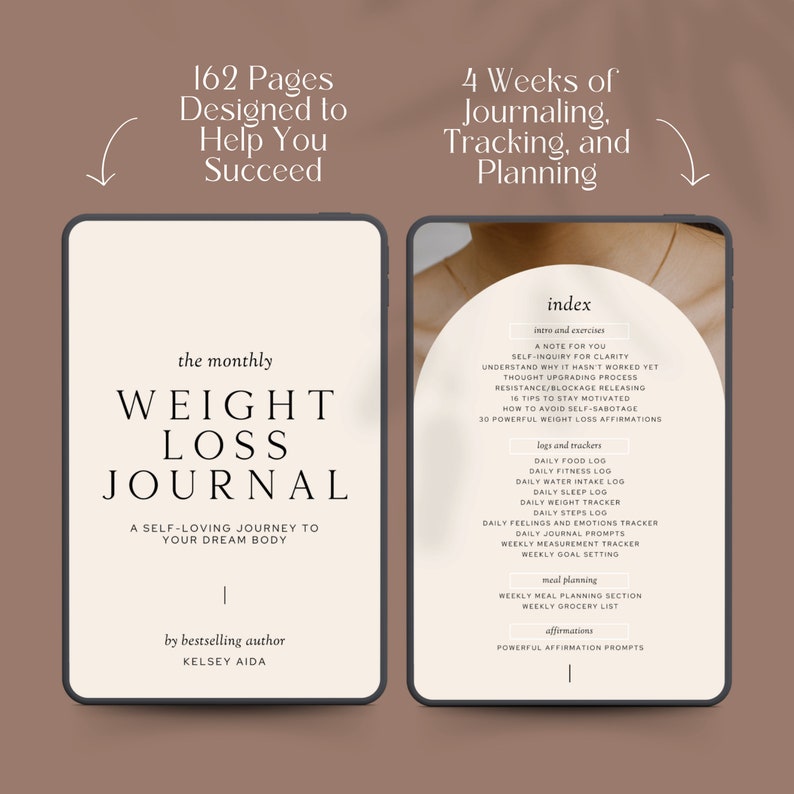 May include: A weight loss journal with 162 pages designed to help you succeed. The journal includes 4 weeks of journaling, tracking, and planning. The journal's index includes sections for intro and exercises, logs and trackers, meal planning, and affirmations.