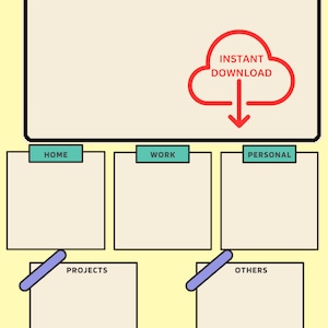 May include: A yellow background with a brain dump graphic. The graphic has a large white box with the text "RANDOM THOUGHTS" and a red cloud with an arrow pointing down with the text "INSTANT DOWNLOAD". Below the box are four smaller boxes with the text "HOME", "WORK", "PERSONAL", "PROJECTS", and "OTHERS".