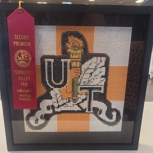 May include: A framed beaded artwork depicting the University of Tennessee at Martin logo. The artwork is displayed with a second-place blue ribbon from the Tennessee Valley Fair. The ribbon reads "Second Premium" and "Tennessee Valley Fair" with the location "Knoxville, Tennessee".