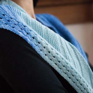 May include: A blue and light blue knitted scarf with a lacy pattern.