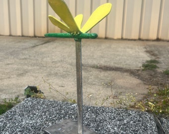 Dragonfly With Pedestal Yellow & Green Metal Yard Art