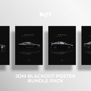 Puede incluir: Un conjunto de cuatro carteles negros JDM blackout. Cada cartel presenta un coche negro con su marca y modelo en texto blanco y rojo. Los carteles incluyen Honda Civic, Nissan Skyline, Honda Integra y Toyota Chaser.