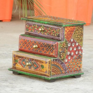Small Colourful Chest for Jewellery or Trinket | Handmade Drawer Wooden Cabinet Box | Boho Chic Storage Organizer | Mini Dresser | Home Gift