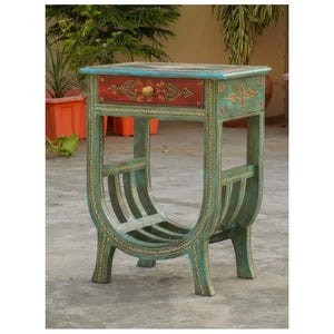 Hand-Painted Indian Wooden Side Table with Drawer | Boho Magazine Rack | Ethnic Accent Table | Bedside Cabinet | Ideal Gift for Home Lovers