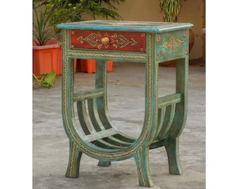 Hand-Painted Indian Wooden Side Table with Drawer | Boho Magazine Rack | Ethnic Accent Table | Bedside Cabinet | Ideal Gift for Home Lovers