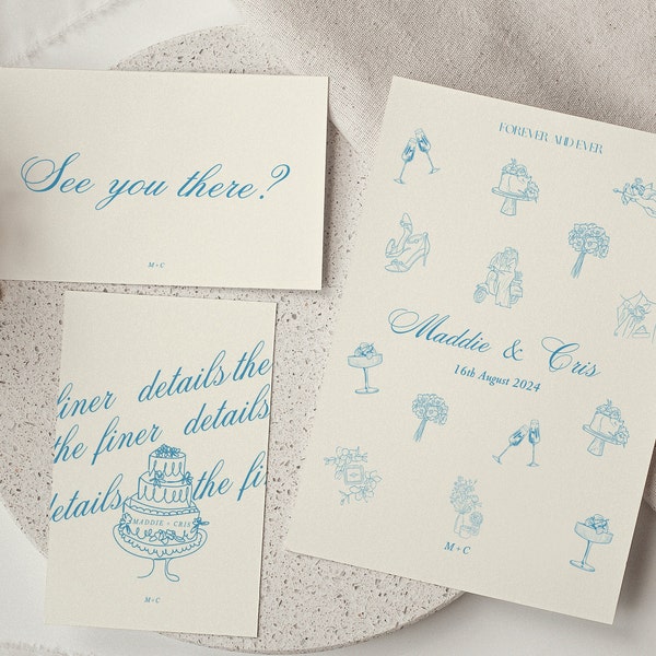 Handwritten Wedding Invitation Suite, Minimalist Wedding Invitation,  Blue Wedding, Illustrated Wedding Invites, Template, Digital