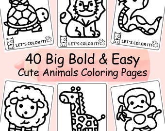 40 Super Easy Cute Animals Coloring Pages for Kids, Printable Bold and Easy Designs, Simple for Toddlers, Preschool Teacher Supplies, Safari