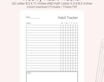 Weekly Habit Tracker Printable, Routine Tracker Journal, 7 Days Habit Tracker Challenge, Template, Digital Download,  8.5X11 In, 5.5X8.5 In