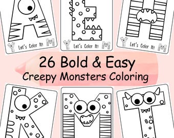 ABC Coloring pages for Baby Boy and Kids, Bold and Easy Design, Monsters Coloring Printable-PDF, Fun ABC Coloring Worksheets, Home School
