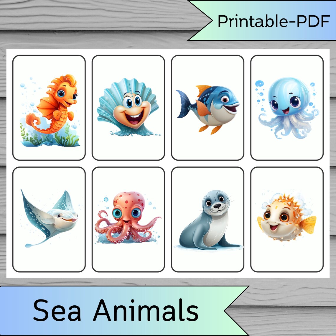 16 Sea Animals, Flashcards for Kids, Printable Flash Cards, Teacher Tools, Animals Gift Card ...
