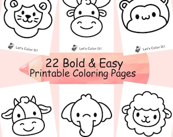 Animal Coloring Pages for Kids, Easy Kawaii Farm & Jungle Animals, Toddler Preschool Activity Book, Printable Bold and Designs, Download PDF