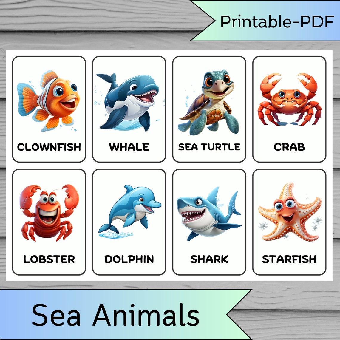 16 Sea Animals, Flashcards for Kids, Printable Flash Cards, Teacher Tools, Animals Gift Card ...