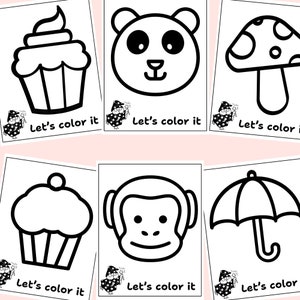 Puede incluir: Páginas para colorear en blanco y negro con un cupcake, un panda, un hongo, un mono y un paraguas. Cada página tiene el texto "Let's color it" en la parte inferior.
