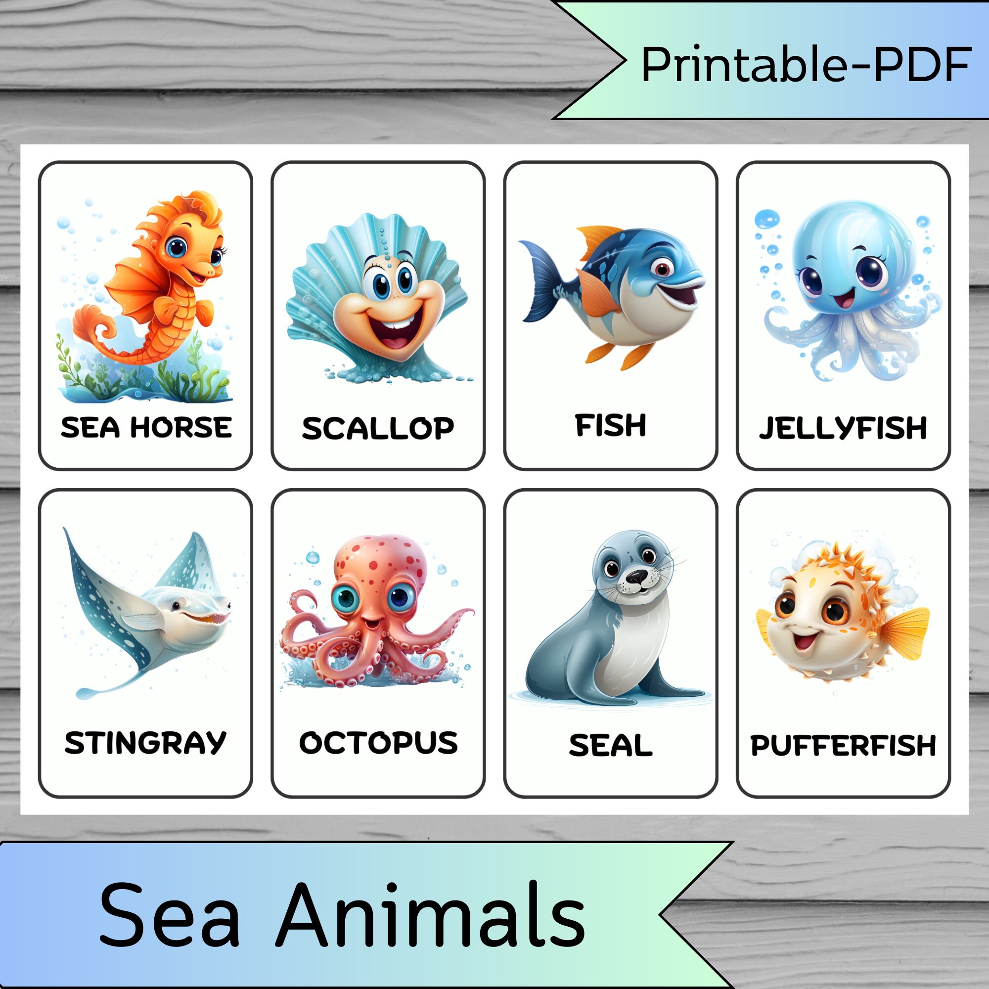 16 Sea Animals, Flashcards for Kids, Printable Flash Cards, Teacher Tools, Animals Gift Card ...