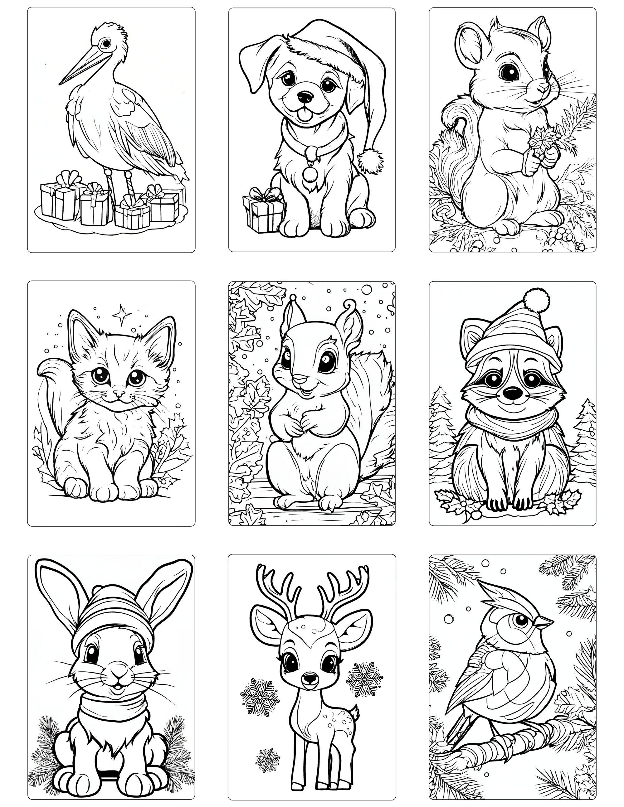 Christmas Animals Coloring Pages PDF Nine Printable Pages - Etsy