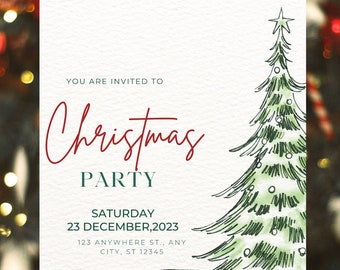 May include: A Christmas party invitation with a hand-drawn illustration of a green Christmas tree with a star on top. The text reads "You are invited to Christmas Party, Saturday, 23 December, 2023, 123 Anywhere St., Any City, ST 12345."