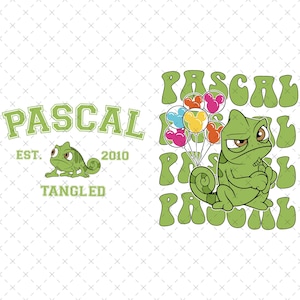 May include: Green cartoon chameleon called Pascal holding colourful balloons with Mickey Mouse ears. The text "PASCAL" is repeated in a wavy font and the text "EST. 2010 TANGLED" is below the chameleon.