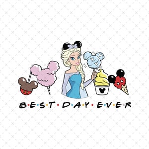 Puede incluir: Ilustración de Elsa de Frozen con golosinas de Mickey Mouse, incluyendo algodón de azúcar y helado. El texto "BEST DAY EVER" se muestra debajo en colores vibrantes.