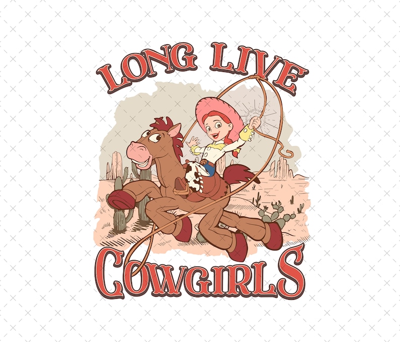 Puede incluir: Una ilustraci&oacute;n de dibujos animados de una ni&ntilde;a montando a caballo con un lazo en la mano. El texto "LONG LIVE COWGIRLS" est&aacute; por encima de la imagen.