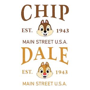 Può includere: Personaggi dei cartoni animati Chip e Dale con il testo "CHIP EST. 1943 MAIN STREET U.S.A. DALE EST. 1943 MAIN STREET U.S.A."