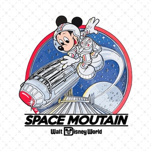 May include: A cartoon illustration of Mickey Mouse dressed as an astronaut, flying through space in a rocket ship. The image is set against a blue background with stars and a moon. The text "SPACE MOUNTAIN" and "Walt Disney World" is printed below the image.