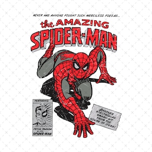 May include: A vintage comic book cover featuring Spider-Man in a red and blue suit, crawling on a white background with a red and black pattern. The text on the cover reads "NEVER HAS ANYONE FOUGHT SUCH MERCILESS FOES AS... the AMAZING SPIDER-MAN".