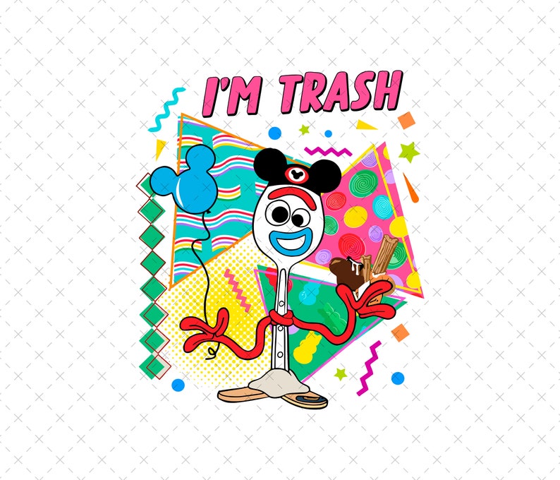 Pu&ograve; includere: Un'illustrazione di un personaggio di forchetta-cucchiaio dei cartoni animati con un cappello ispirato a Mickey Mouse, che tiene in mano un palloncino blu e una leccornia ricoperta di cioccolato. Il testo "I'M TRASH" &egrave; visualizzato sopra il personaggio in lettere rosa.